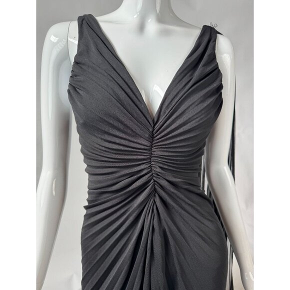 BCBG Max Azria Black Pleated Evening Gown With Sheer Asymmetrical Drape & Ruched - Picture 2 of 16
